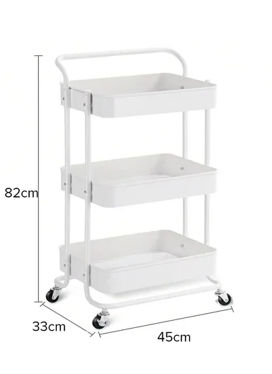 3-Layer Multi-Functional Rectangular Rolling Storage Cart Basket with 360° Rotatable Wheels Fruit &amp; Vegetable Storage Shelf (W45xD33xH82)cm - White