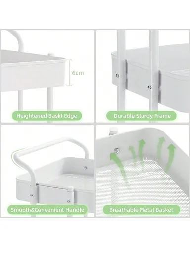 3-Layer Multi-Functional Rectangular Rolling Storage Cart Basket with 360° Rotatable Wheels Fruit &amp; Vegetable Storage Shelf (W45xD33xH82)cm - White