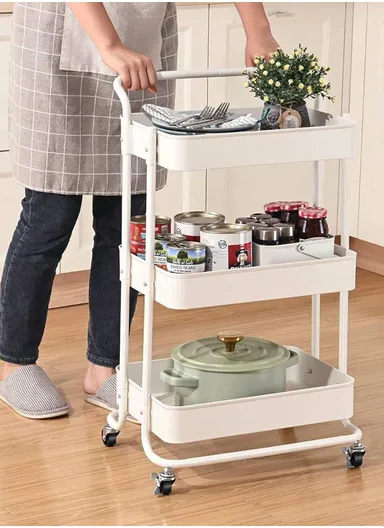 3-Layer Multi-Functional Rectangular Rolling Storage Cart Basket with 360° Rotatable Wheels Fruit &amp; Vegetable Storage Shelf (W45xD33xH82)cm - White