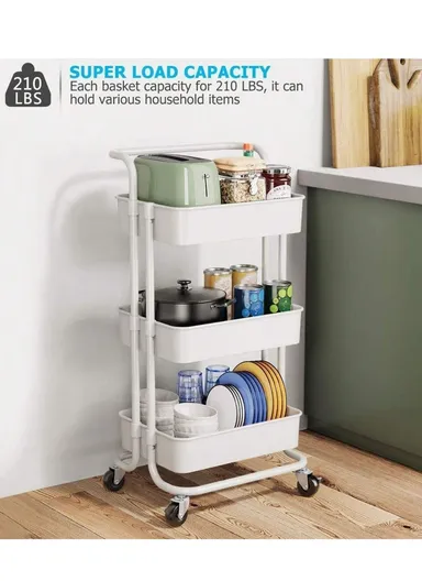 3-Layer Multi-Functional Rectangular Rolling Storage Cart Basket with 360° Rotatable Wheels Fruit &amp; Vegetable Storage Shelf (W45xD33xH82)cm - White