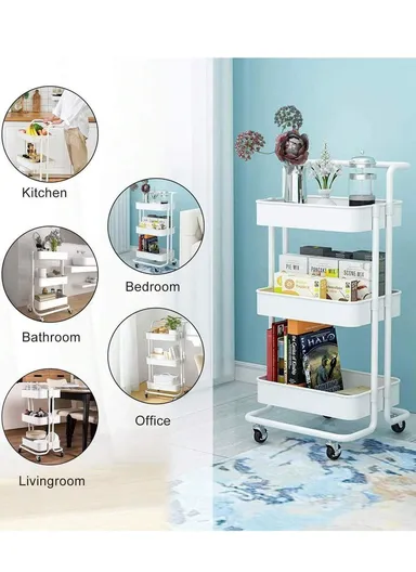 3-Layer Multi-Functional Rectangular Rolling Storage Cart Basket with 360° Rotatable Wheels Fruit &amp; Vegetable Storage Shelf (W45xD33xH82)cm - White