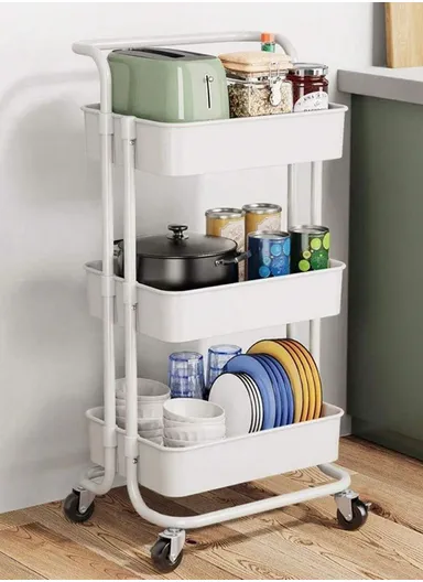 3-Layer Multi-Functional Rectangular Rolling Storage Cart Basket with 360° Rotatable Wheels Fruit &amp; Vegetable Storage Shelf (W45xD33xH82)cm - White