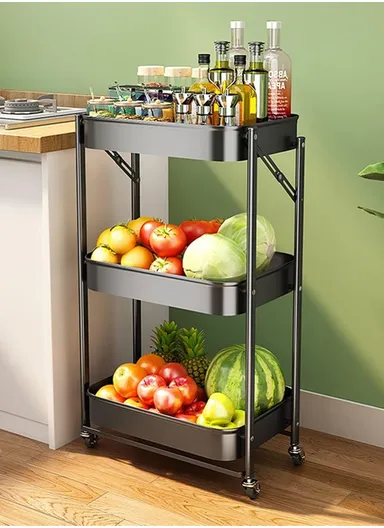 3-Layer Wheeled Carbon Steel Trolley Foldable, with 4 Rotatable Wheels for Easy Movement - Black