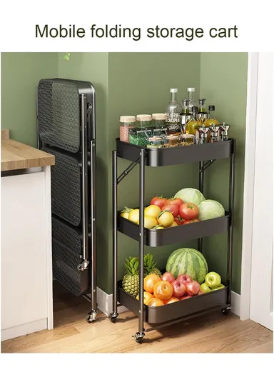 3-Layer Wheeled Carbon Steel Trolley Foldable, with 4 Rotatable Wheels for Easy Movement - Black