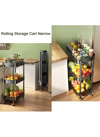 3-Layer Wheeled Carbon Steel Trolley Foldable, with 4 Rotatable Wheels for Easy Movement - Black