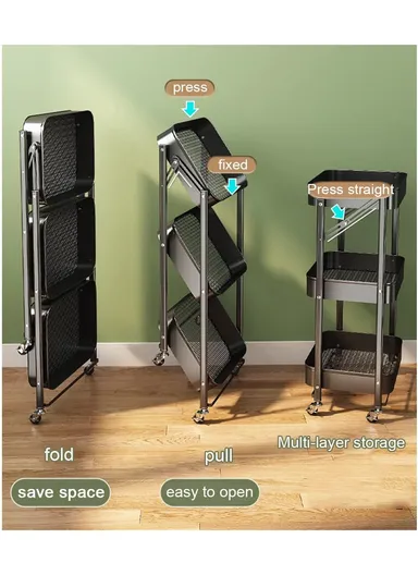 3-Layer Wheeled Carbon Steel Trolley Foldable, with 4 Rotatable Wheels for Easy Movement - Black