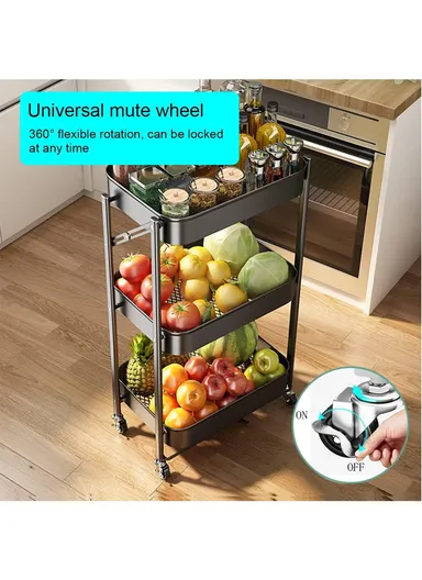 3-Layer Wheeled Carbon Steel Trolley Foldable, with 4 Rotatable Wheels for Easy Movement - Black