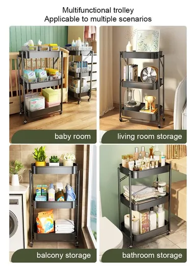 3-Layer Wheeled Carbon Steel Trolley Foldable, with 4 Rotatable Wheels for Easy Movement - Black