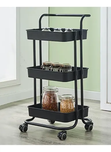 3-Layer Multi-Functional Rectangular Rolling Storage Cart Basket with 360° Rotatable Wheels Fruit &amp; Vegetable Storage Shelf (W43 x D36 x H86.5cm) - Black