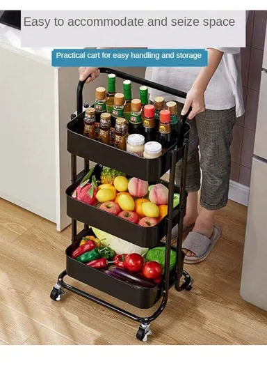 3-Layer Multi-Functional Rectangular Rolling Storage Cart Basket with 360° Rotatable Wheels Fruit &amp; Vegetable Storage Shelf (W43 x D36 x H86.5cm) - Black