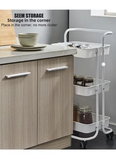 3-Layer Multi-Functional Rectangular Rolling Storage Cart Basket with 360° Rotatable Wheels Fruit &amp; Vegetable Storage Shelf (W43 x D36 x H86.5cm) - Black