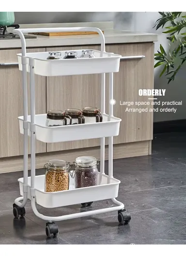 3-Layer Multi-Functional Rectangular Rolling Storage Cart Basket with 360° Rotatable Wheels Fruit &amp; Vegetable Storage Shelf (W43 x D36 x H86.5cm) - Black