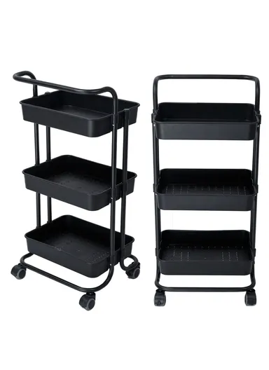 3-Layer Multi-Functional Rectangular Rolling Storage Cart Basket with 360° Rotatable Wheels Fruit &amp; Vegetable Storage Shelf (W43 x D36 x H86.5cm) - Black