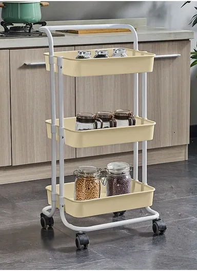 3-Layer Multi-Functional Rectangular Rolling Storage Cart Basket with 360° Rotatable Wheels Fruit &amp; Vegetable Storage Shelf (W43xD36xH86.5cm) - Beige