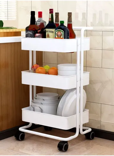 3-Layer Multi-Functional Rectangular Rolling Storage Cart Basket with 360° Rotatable Wheels Fruit &amp; Vegetable Storage Shelf (W43xD36xH86.5cm) - Beige