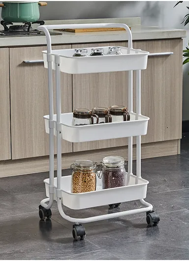 3-Layer Multi-Functional Rectangular Rolling Storage Cart Basket with 360° Rotatable Wheels Fruit &amp; Vegetable Storage Shelf (W43xD36xH86.5cm) - Beige