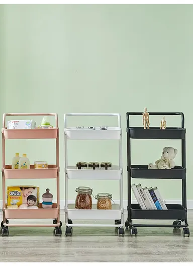 3-Layer Multi-Functional Rectangular Rolling Storage Cart Basket with 360° Rotatable Wheels Fruit &amp; Vegetable Storage Shelf (W43xD36xH86.5cm) - Beige
