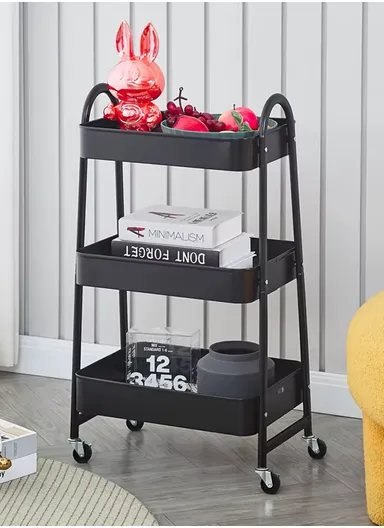 3-Layer Multi-Functional Basket Storage Rack with 4 Rotating Wheels, Storage Trolley, Kitchen Wagon, Storage Wagon (W45 x D32 x H78)cm - Black