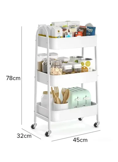 3-Layer Multi-Functional Basket Storage Rack with 4 Rotating Wheels, Storage Trolley, Kitchen Wagon, Storage Wagon (W45 x D32 x H78)cm - Black