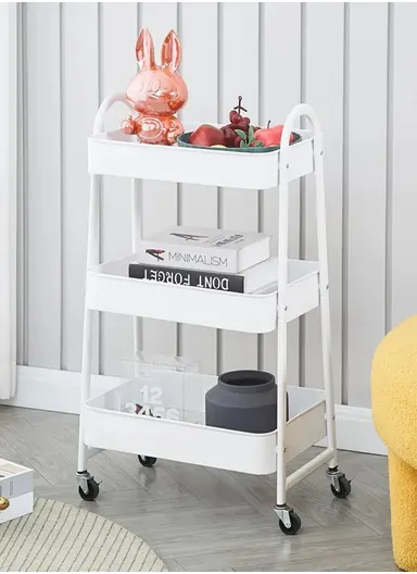 3-Layer Multi-Functional Basket Storage Rack with 4 Rotating Wheels, Storage Trolley, Kitchen Wagon, Storage Wagon (W45 x D32 x H78)cm - White