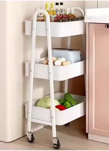 3-Layer Multi-Functional Basket Storage Rack with 4 Rotating Wheels, Storage Trolley, Kitchen Wagon, Storage Wagon (W45 x D32 x H78)cm - White