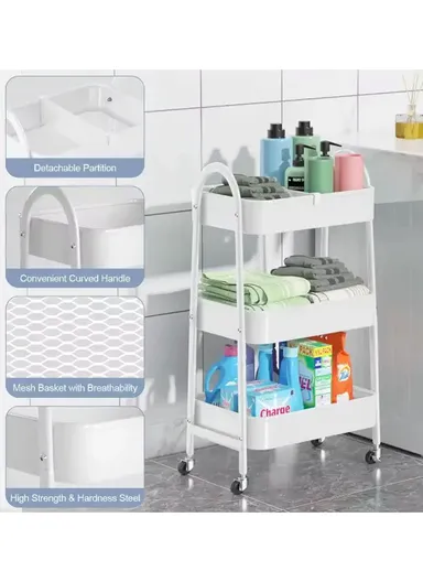 3-Layer Multi-Functional Basket Storage Rack with 4 Rotating Wheels, Storage Trolley, Kitchen Wagon, Storage Wagon (W45 x D32 x H78)cm - White
