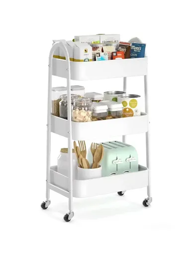 3-Layer Multi-Functional Basket Storage Rack with 4 Rotating Wheels, Storage Trolley, Kitchen Wagon, Storage Wagon (W45 x D32 x H78)cm - White