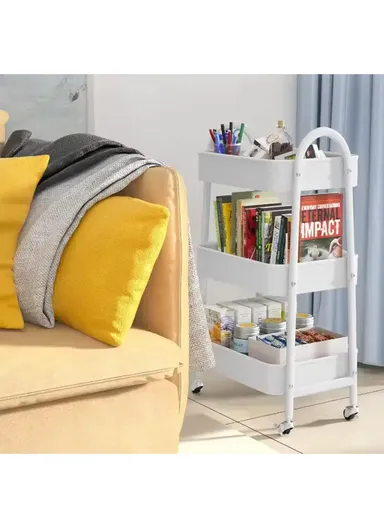 3-Layer Multi-Functional Basket Storage Rack with 4 Rotating Wheels, Storage Trolley, Kitchen Wagon, Storage Wagon (W45 x D32 x H78)cm - White