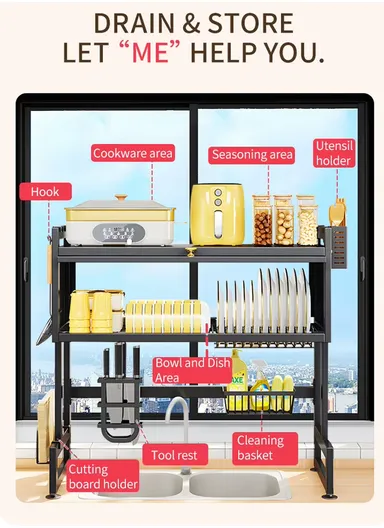 Kitchen Dish Drying Rack Over The Sink Dish Drainer for Kitchen Storage Counter (W65 x D29.5 x H79)cm - Black