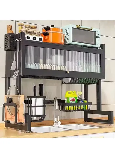 Kitchen Dish Drying Rack Over The Sink Dish Drainer for Kitchen Storage Counter (W95 x D29.5 x H79)cm - Black