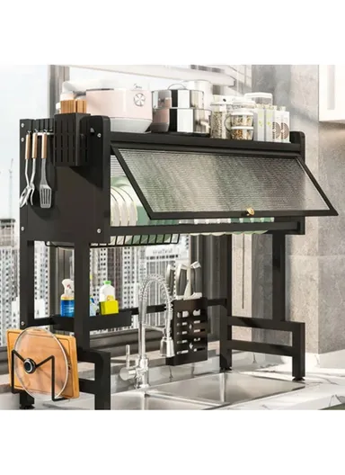 Kitchen Dish Drying Rack Over The Sink Dish Drainer for Kitchen Storage Counter (W95 x D29.5 x H79)cm - Black