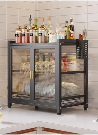 2-Layer Double Magnetic Doors Dish Cabinet, Dish Rack, Dish Drainer, Kitchen Cabinets (W42 x D27.5 x H43)cm - Black 