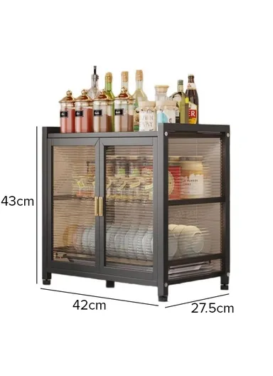 2-Layer Double Magnetic Doors Dish Cabinet, Dish Rack, Dish Drainer, Kitchen Cabinets (W42 x D27.5 x H43)cm - Black 