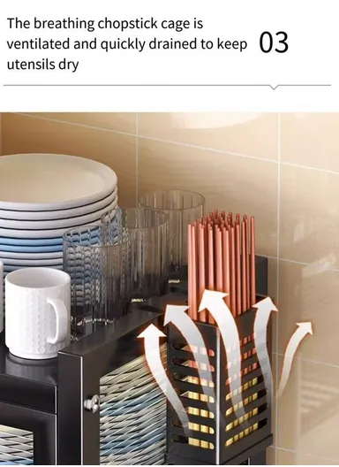 2-Layer Double Magnetic Doors Dish Cabinet, Dish Rack, Dish Drainer, Kitchen Cabinets (W42 x D27.5 x H43)cm - Black 