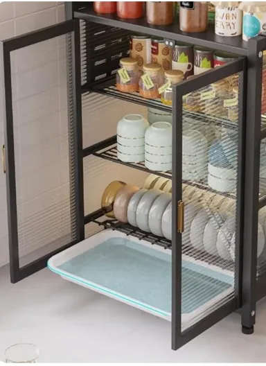 2-Layer Double Magnetic Doors Dish Cabinet, Dish Rack, Dish Drainer, Kitchen Cabinets (W42 x D27.5 x H43)cm - Black 