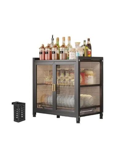 2-Layer Double Magnetic Doors Dish Cabinet, Dish Rack, Dish Drainer, Kitchen Cabinets (W42 x D27.5 x H43)cm - Black 