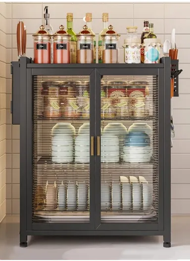 3-Layer Double Magnetic Doors Dish Cabinet, Dish Rack, Dish Drainer, Kitchen Cabinets (W43 x D28 x H60)cm