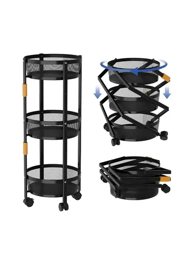 3-Layer Multi-Functional Rolling Storage Cart Basket with 360° Rotatable Wheels Fruit &amp; Vegetable Storage Shelf (W35 x D35 x H80)cm - Black