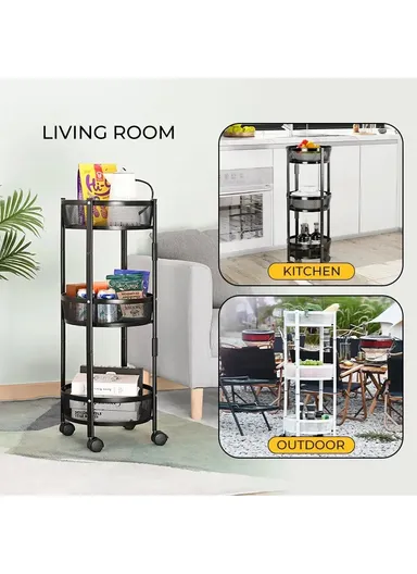 3-Layer Multi-Functional Rolling Storage Cart Basket with 360° Rotatable Wheels Fruit &amp; Vegetable Storage Shelf (W35 x D35 x H80)cm - Black