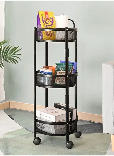 3-Layer Multi-Functional Rolling Storage Cart Basket with 360° Rotatable Wheels Fruit &amp; Vegetable Storage Shelf (W35 x D35 x H80)cm - Black