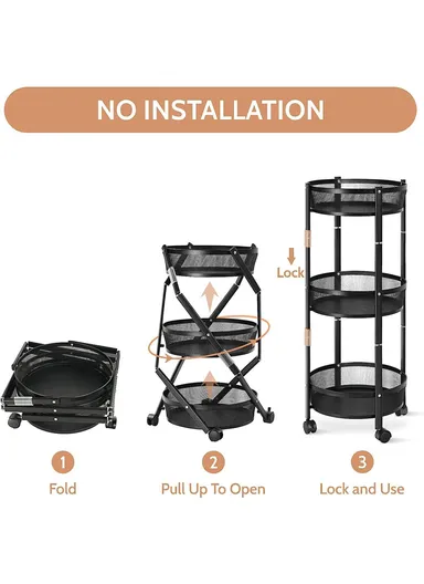 3-Layer Multi-Functional Rolling Storage Cart Basket with 360° Rotatable Wheels Fruit &amp; Vegetable Storage Shelf (W35 x D35 x H80)cm - Black