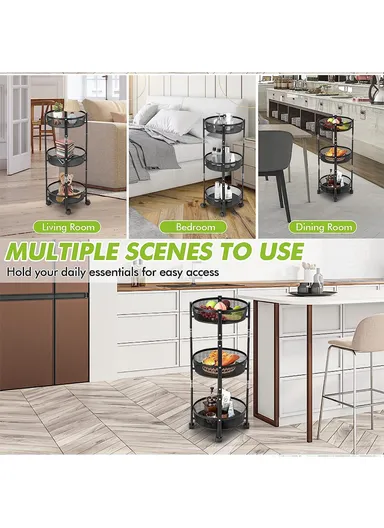 3-Layer Multi-Functional Rolling Storage Cart Basket with 360° Rotatable Wheels Fruit &amp; Vegetable Storage Shelf (W35 x D35 x H80)cm - Black