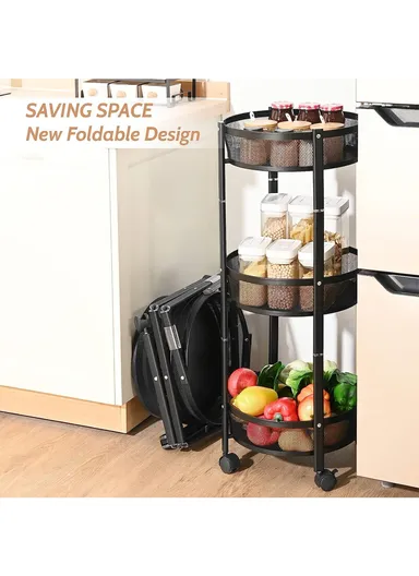 3-Layer Multi-Functional Rolling Storage Cart Basket with 360° Rotatable Wheels Fruit &amp; Vegetable Storage Shelf (W35 x D35 x H80)cm - Black