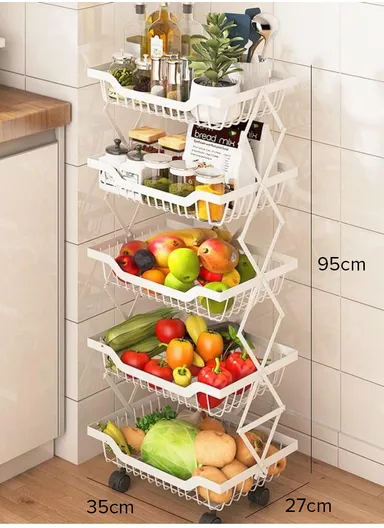 5-Layer Stackable Rectangular Storage Baskets with 360° Rotatable Wheels, Foldable Fruit &amp; Vegetable Storage Shelf, Storage Rack, Metal Wire Baskets, Utility Cart Rack for Kitchen (W35 x D27 x H95)cm - White