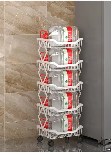 5-Layer Stackable Rectangular Storage Baskets with 360° Rotatable Wheels, Foldable Fruit &amp; Vegetable Storage Shelf, Storage Rack, Metal Wire Baskets, Utility Cart Rack for Kitchen (W35 x D27 x H95)cm - White