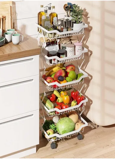 5-Layer Stackable Rectangular Storage Baskets with 360° Rotatable Wheels, Foldable Fruit &amp; Vegetable Storage Shelf, Storage Rack, Metal Wire Baskets, Utility Cart Rack for Kitchen (W35 x D27 x H95)cm - White