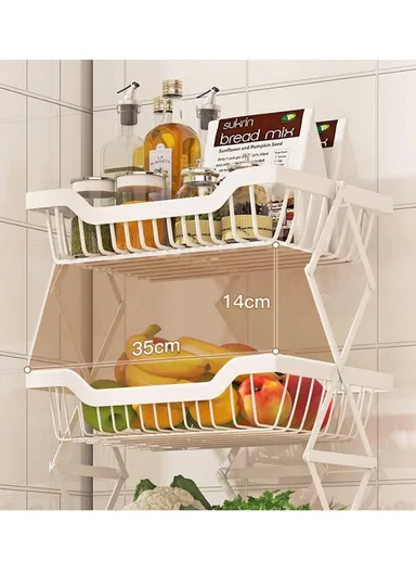5-Layer Stackable Rectangular Storage Baskets with 360° Rotatable Wheels, Foldable Fruit &amp; Vegetable Storage Shelf, Storage Rack, Metal Wire Baskets, Utility Cart Rack for Kitchen (W35 x D27 x H95)cm - White