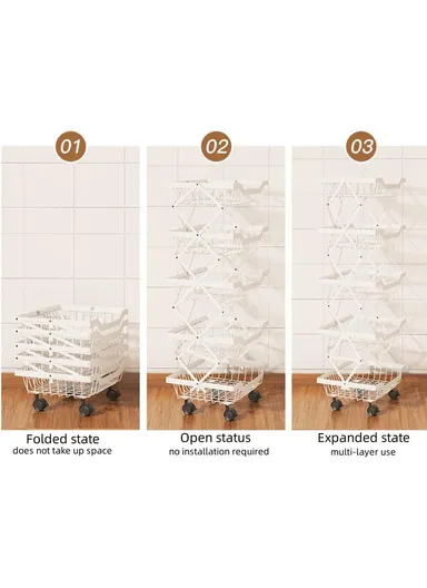 5-Layer Stackable Rectangular Storage Baskets with 360° Rotatable Wheels, Foldable Fruit &amp; Vegetable Storage Shelf, Storage Rack, Metal Wire Baskets, Utility Cart Rack for Kitchen (W35 x D27 x H95)cm - White