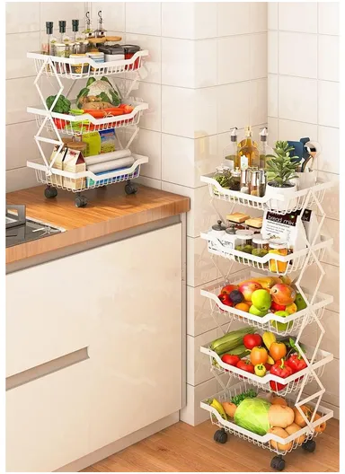 5-Layer Stackable Rectangular Storage Baskets with 360° Rotatable Wheels, Foldable Fruit &amp; Vegetable Storage Shelf, Storage Rack, Metal Wire Baskets, Utility Cart Rack for Kitchen (W35 x D27 x H95)cm - White