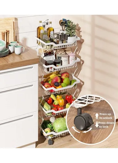 5-Layer Stackable Rectangular Storage Baskets with 360° Rotatable Wheels, Foldable Fruit &amp; Vegetable Storage Shelf, Storage Rack, Metal Wire Baskets, Utility Cart Rack for Kitchen (W35 x D27 x H95)cm - White